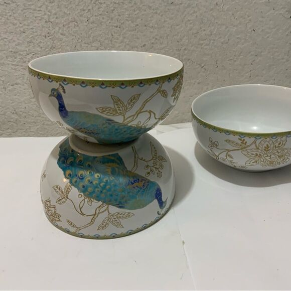Set of 3; 222 Fifth Peacock Garden 5.5” Cereal Soup Bowls Fine China G14 - Picture 2 of 6